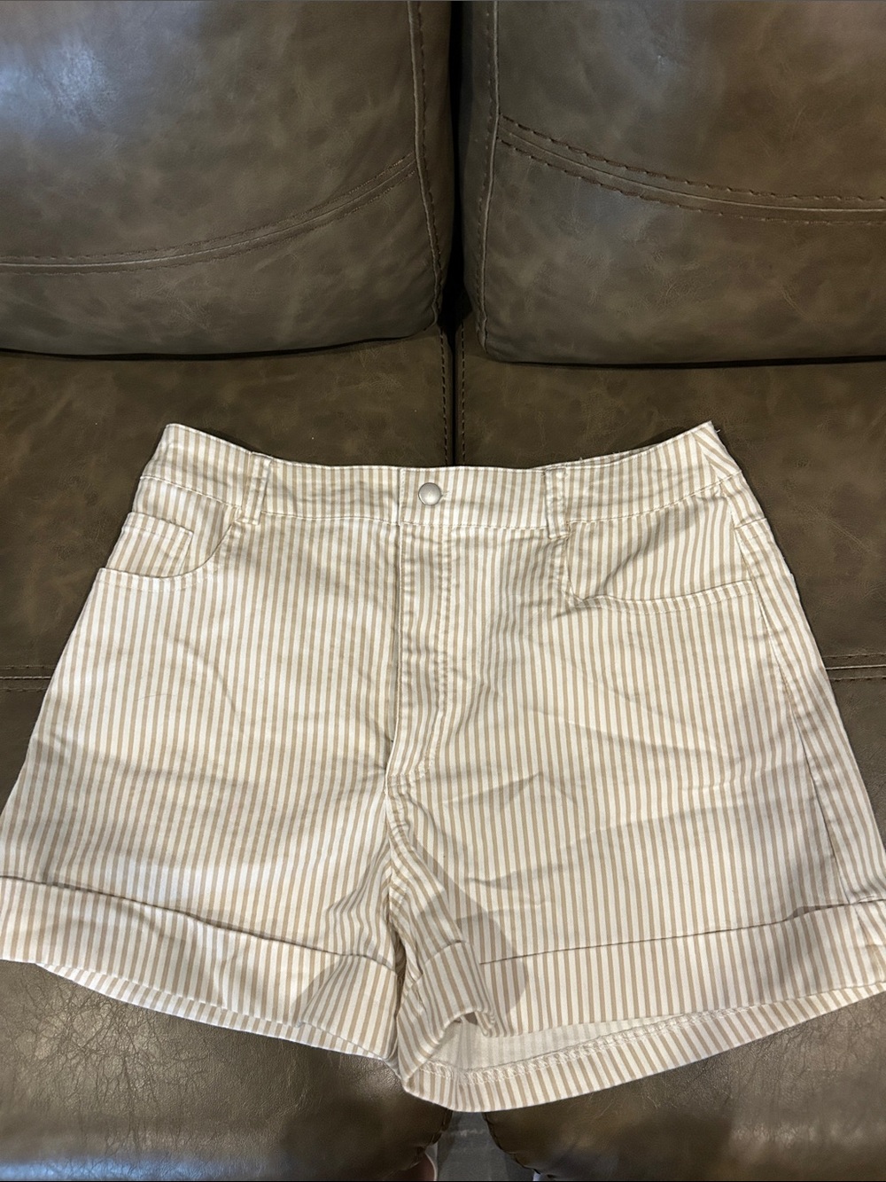 Francesca's Collections Beige and White Striped Cotton Shorts